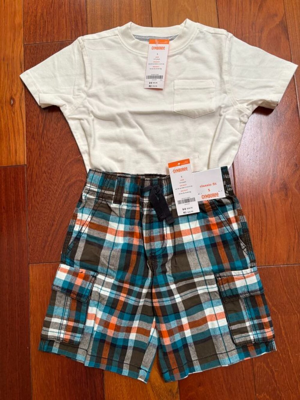 Gymboree NWT Boys 2-Piece Set | Size 5 | White Pocket Tee & Plaid Cargo Shorts